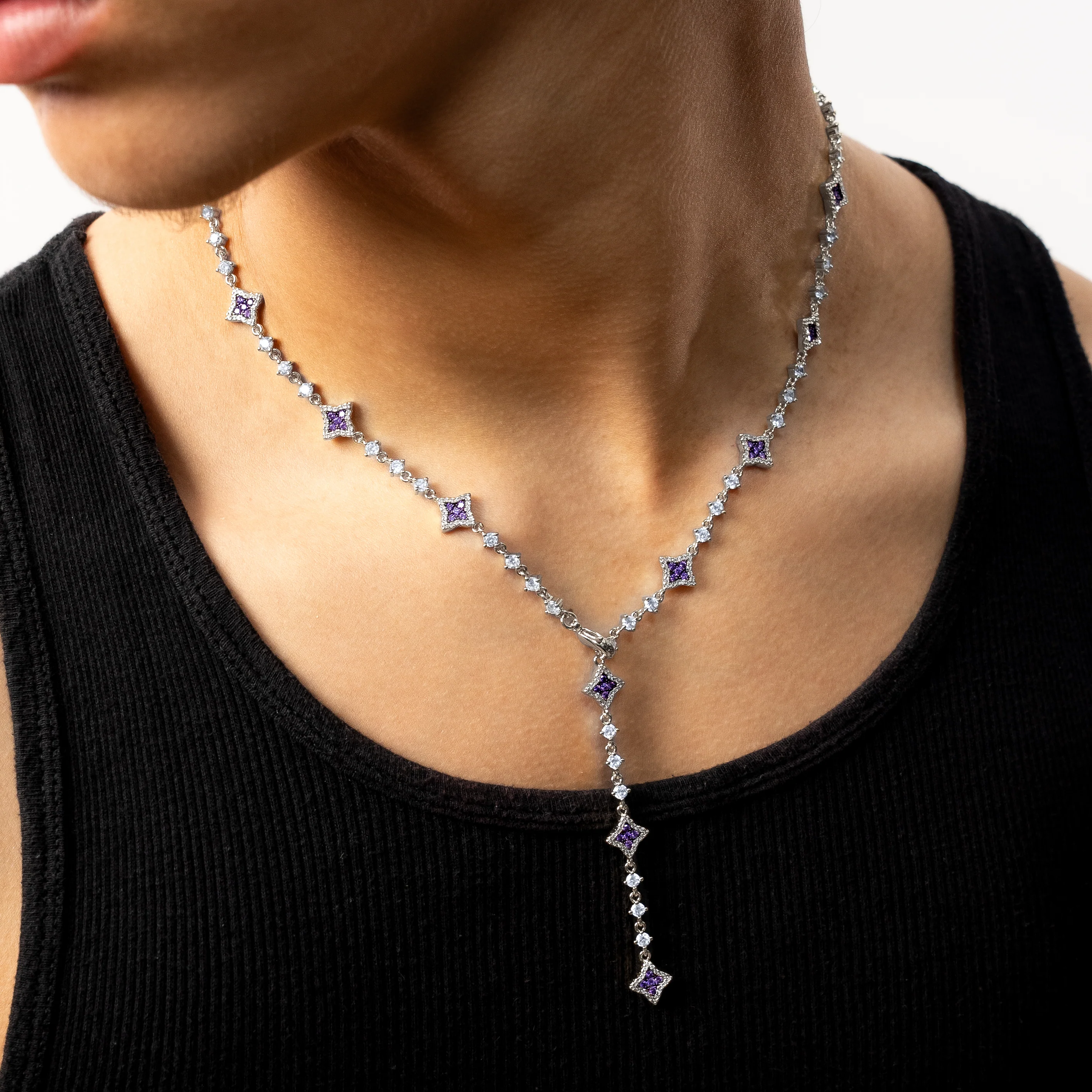 Lariat Flower Tennis Argenté - Pierres Violettes - Image 3