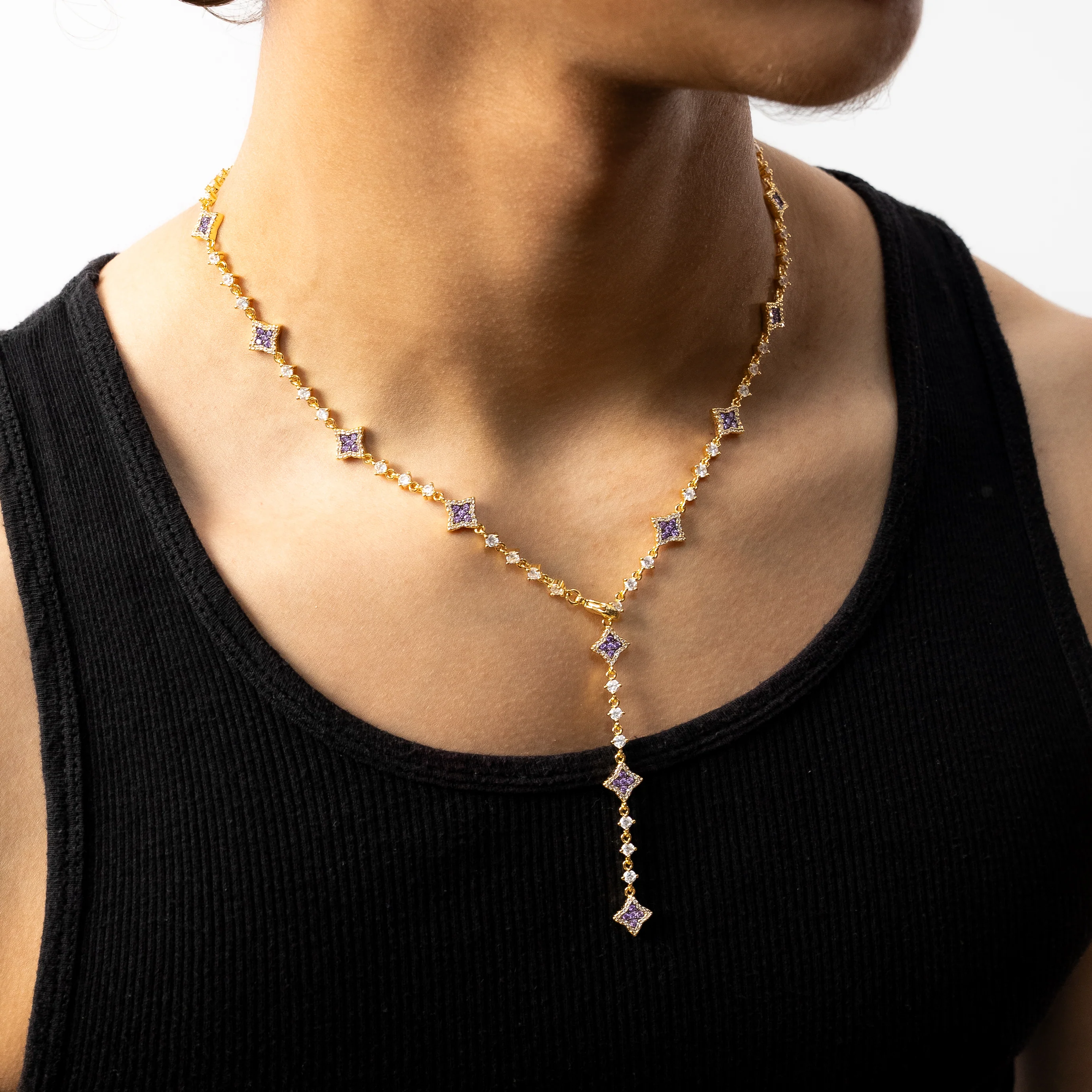 Lariat Flower Tennis Doré - Pierres Violettes - Image 3